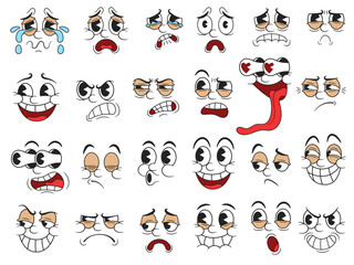 Retro cartoon faces. Funny 30s mascot character facial expressions, emotions and reactions with pie eyes for rubber hose style characters design. Isolated vector illustration set.