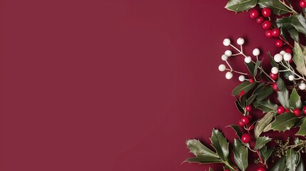 Fototapeta premium horizontal image of a Christmas mistletoe on anisolated dark red background with copy space for text. Copy space for text. For banner, design, social media, blog, cover, wallpaper, thumbnail, youtube,
