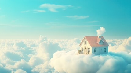 A dreamlike house floating on a white cloud, surrounded by a blue sky and distant, soft clouds on the horizon.