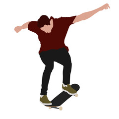 Dynamic silhouette of skateboarder performing mid-air trick. Skate flip trick. Colored vector illustration of silhouette. Fluid motion and athletic skateboarding skill	