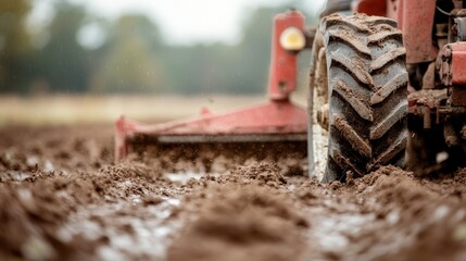 Obraz premium A tractor is depicted plowing through a muddy field amidst the rainy season, showcasing the tough conditions and dedication involved in modern farming.