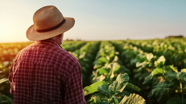 A farmer in a straw hat and plaid shirt is captured from the back as he admires his lush green crops under the setting sun, embodying dedication and the rewards of hard work.