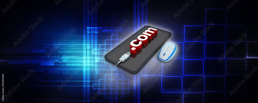 Poster 3d rendering word dot com in mobile phone connecting mouse