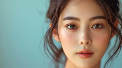 Fototapeta premium Closeup portrait of a beauty korean woman fashion model with natural makeup and skincare. Beauty & skin products, Copy space