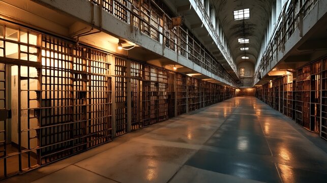 Interior view of an empty prison corridor lined with metal-bar cells on two levels, illuminated by overhead lights.
