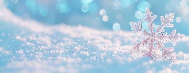 horizontal image,macro view of snoflakes on blue lurred background. Copy space for text. For wallpaper, banner, design, linkedin, business, blog, youtube, card, poster, new year, valentine's day