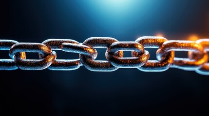 A close-up view of a shiny steel chain against a soft blue background, showcasing its strength and intricate design.