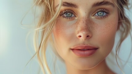 Closeup portrait of a beauty blonde woman fashion model with natural makeup and skincare. Beauty & skin products, Copy space