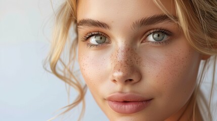 Naklejka premium Closeup portrait of a beauty blonde woman fashion model with natural makeup and skincare. Beauty & skin products, Copy space
