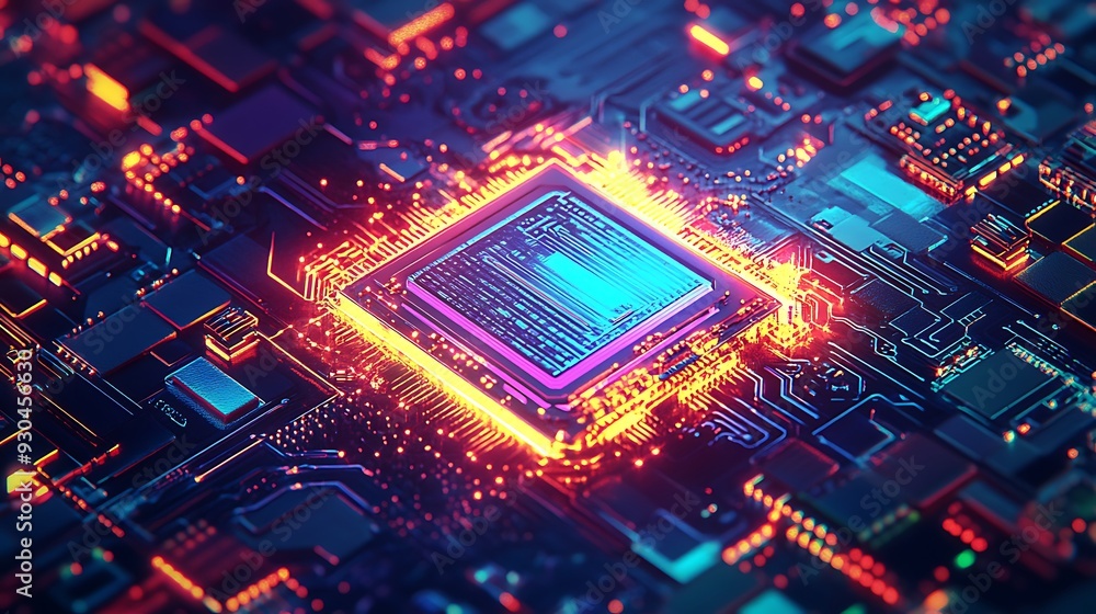 Poster glowing processor chip on a circuit board