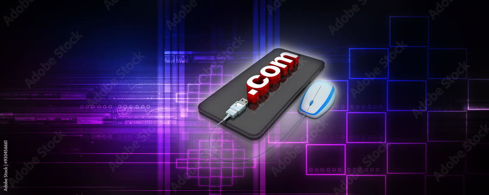Poster 3d rendering word dot com in mobile phone connecting mouse