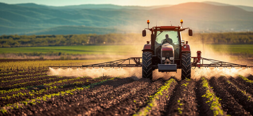 Tractor spraying pesticides on soy field with sprayer at spring.