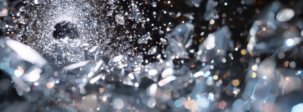 Shattered Glass Pieces in Motion with Sparkling Dust and Reflections