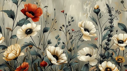 Wildflower seamless wallpaper design, with hand-drawn vintage illustrations of daisies, poppies, and lavender, soft pastel color palette, muted boho backdrop, intricate details, natural light effect,