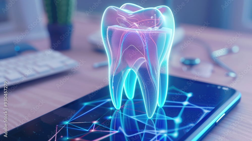 Aufkleber neon holographic tooth projection on smartphone with digital background on a desk. concepts of denta