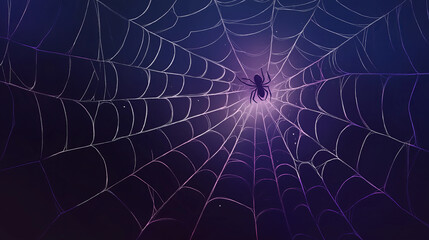 A spider sits in the center of a large, purple spider web.