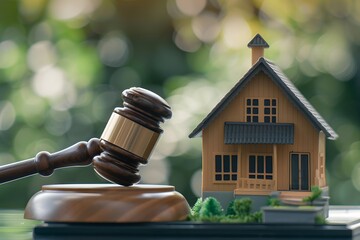 legal judicial concept related to real estate, featuring wooden gavel placed next to model of house