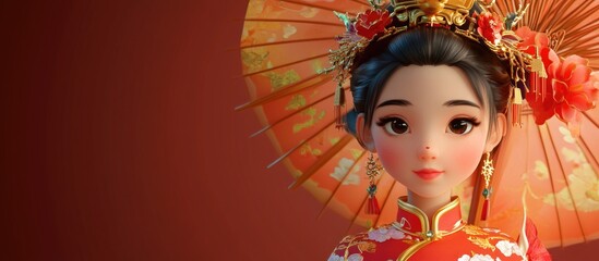Obraz premium 3D Cartoon Character of a Gorgeous Young Woman in a Colorful Chinese Costume