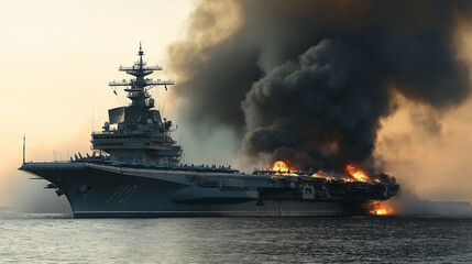 A Russian aircraft carrier on fire with black smoke billowing into the air.