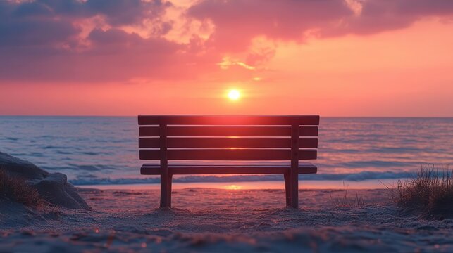 Lonely bench on sandy beach at sunset