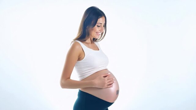 A pregnant woman smiling warmly, holding her belly while standing against a bright white background