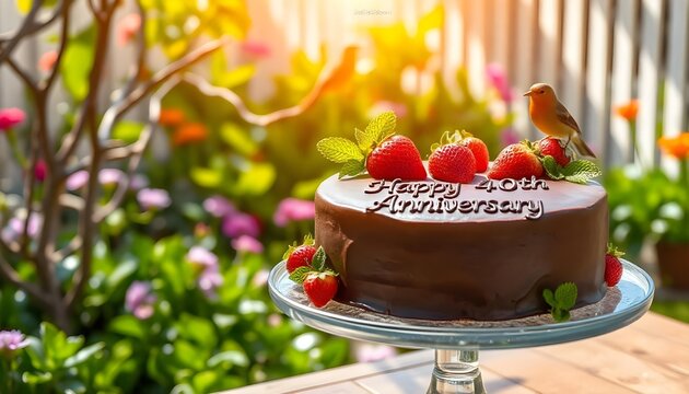 Chocolate anniversary cake with “Happy 40th Anniversary” written in elegant script, surrounded by fresh strawberries and mint leaves
