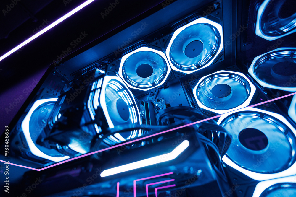 Poster Gaming computer with light. Components of a liquid-cooled computer with a modern graphics card.