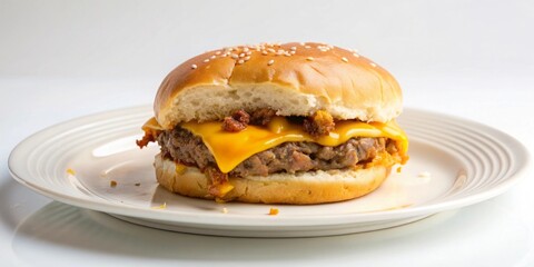 Close up of a half-eaten cheeseburger on a white plate, showcasing fast food indulgence