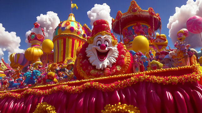 Smiling clown on a colorful parade float with flowers.