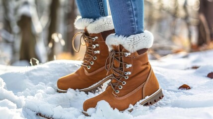 woman feet walking on snow ground in cold snow fall winter morning, generative Ai