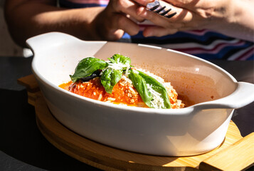 Lasagna portion, oven baked lasagne, pasta layers with cheese, minced meat, tomato in sunny summer day