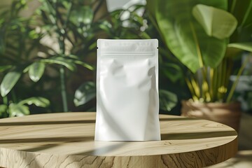 Mock up of a paper bag or pouch placed on a round, wooden table. The bag serves as packaging
