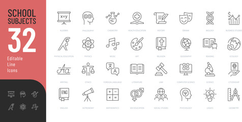School Subjects Line Editable Icons set. Vector illustration in modern thin line style of community space related icons: lounge zone, parking, playground, spa, and more. Pictograms and infographics
