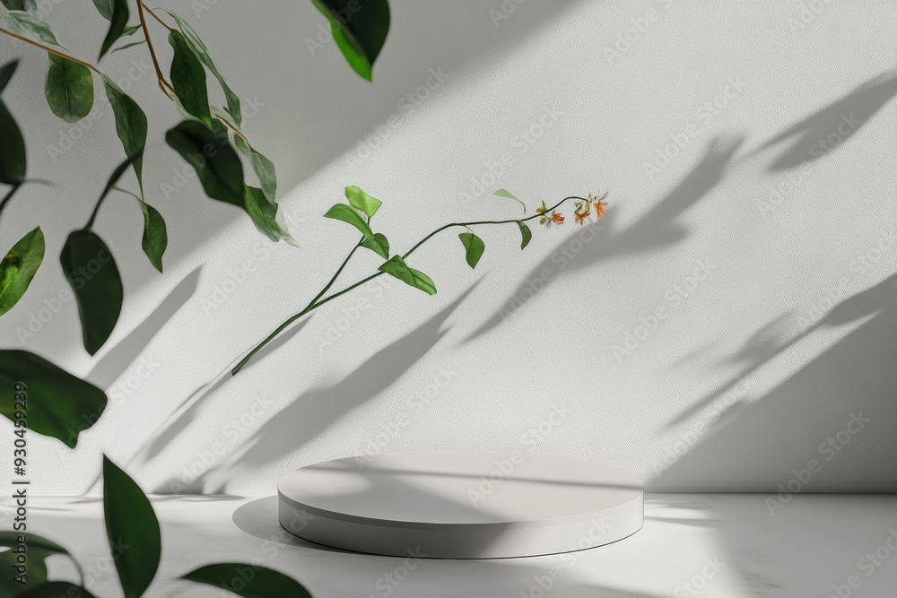 Poster Minimalist Mockup With Light Gray Circular Podium in Monochromatic Daylit Setting, Featuring Diffused Natural Light and Soft Shadows