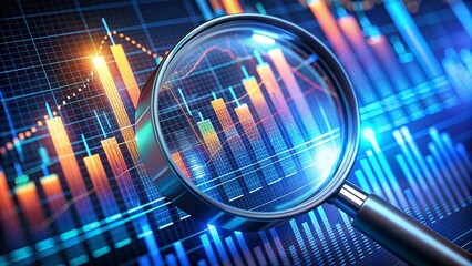 Magnifying glass zooms in on digital financial charts, glowing data points, high-tech, photorealistic