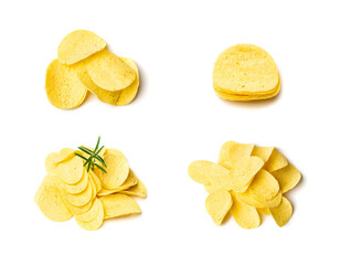 Potato dill chips pile isolated. Crispy thin potato snack heap set, fast food snacks with greens, spices