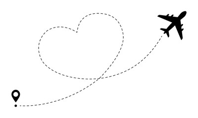 Airplane line path routes. Air plane flight route with heart shaped trace line isolated on white background. Icon with plane, destination and route of fly. Vector illustration.