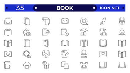 book icon set education study reading learning language skill Outline icon. Book line icons set. Open brochure, magazine, literature, dictionary, audiobook, learning, education, information.