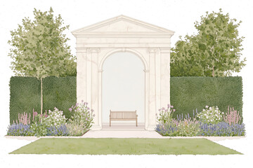Architectural Watercolor Illustration of Garden Pavilion with Bench