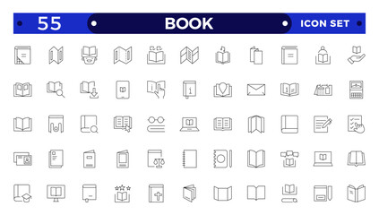 book icon set education study reading learning language skill Outline icon. Book line icons set. Open brochure, magazine, literature, dictionary, audiobook, learning, education, information.