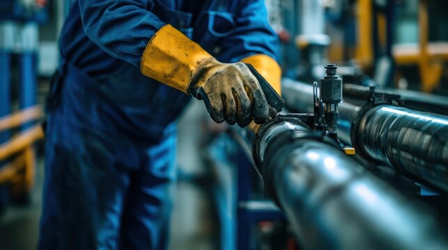 Worker using a pipe cutter to prepare a section of piping, focusing on precision and preparation in piping work.