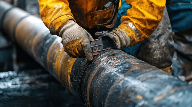 Worker using a pipe cutter to prepare a section of piping, focusing on precision and preparation in piping work.