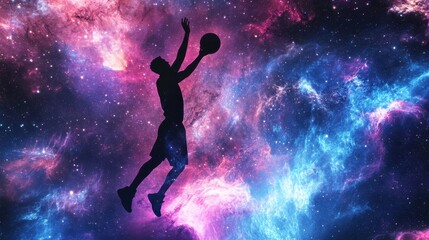 Naklejka premium A silhouette of a basketball player jumping against a vibrant cosmic background.