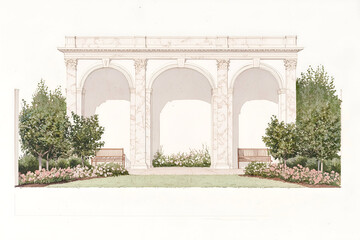 Architectural Watercolor Illustration of Garden Pavilion with Bench
