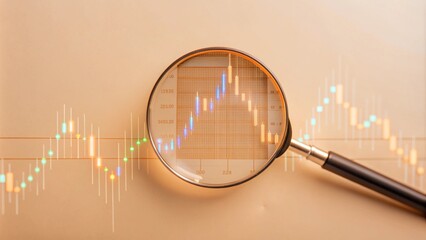 Magnifying glass zooms in on digital financial charts, glowing data points, high-tech, photorealistic