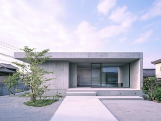 Minimalist House with Raw Concrete Exterior, Flat Roof, and Large Windows