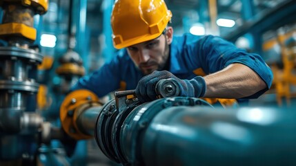 Fototapeta premium Worker using a pipe wrench to secure a joint, focusing on the precision and strength required in piping work
