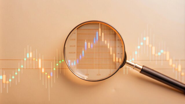 Magnifying glass zooms in on digital financial charts, glowing data points, high-tech, photorealistic