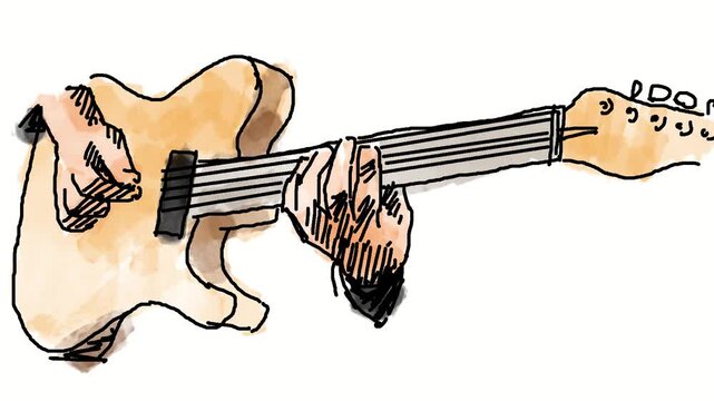Colorful looping animation of hands playing guitar on white background