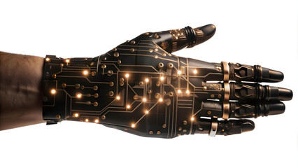 Naklejka premium Abstract Vector Illustration of Smart Robotic Hand with Glowing Digital Circuits - AI Driven Automation and Precision in Robotics Concept in Simple Flat Design - Business Technology Theme